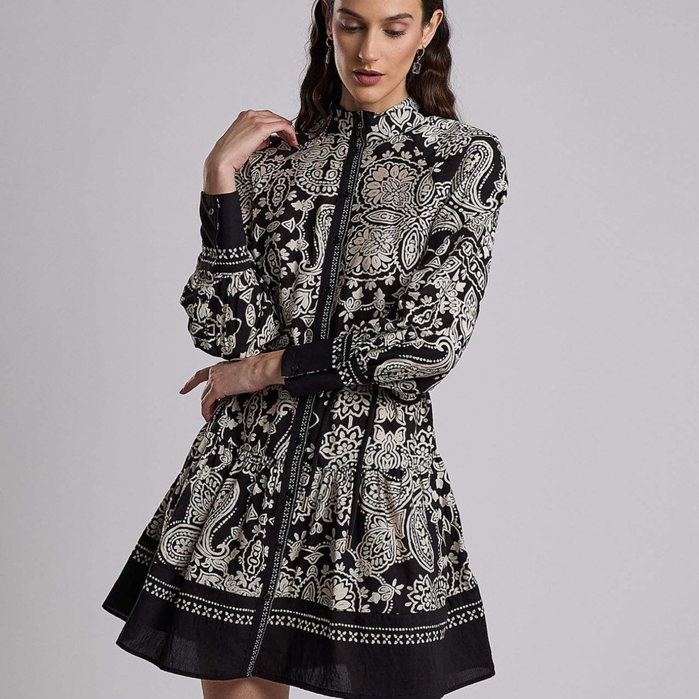 YFB Printed Black & White Linen Shirt Dress With Bishop Sleeves